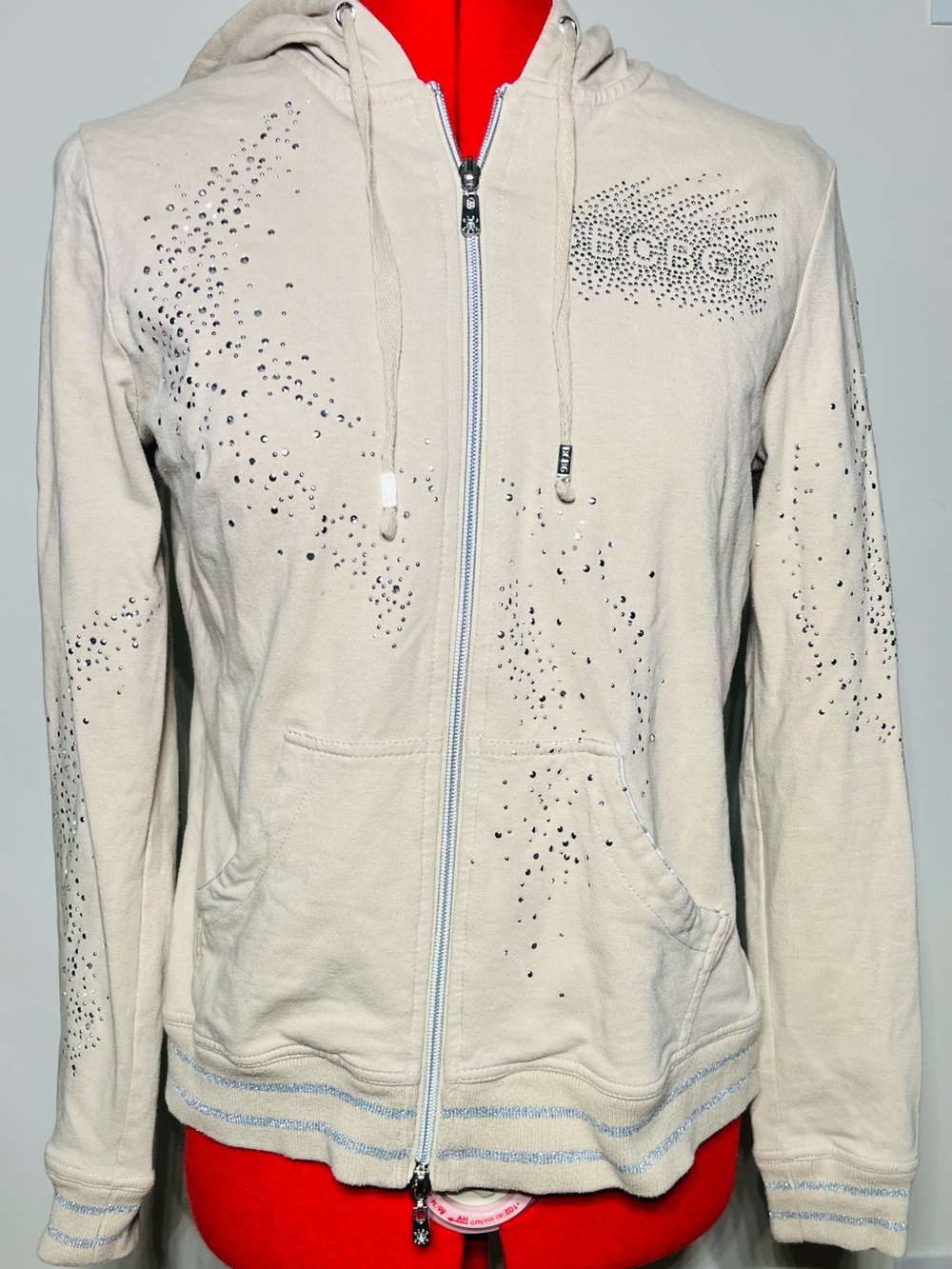 BCBG Beige Zip-Up Hoodie Jacket with Stud Detail - M
